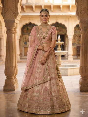 Modern Festive Pink Zari Silk Lehenga with Fusion Leather Embroidery
