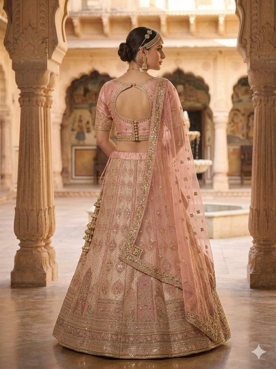 Modern Festive Pink Zari Silk Lehenga with Fusion Leather Embroidery