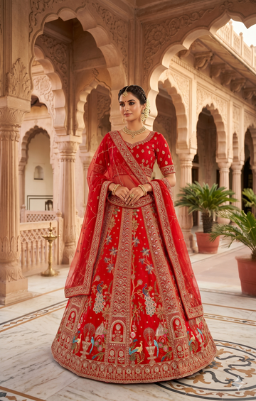 Classic Red Bridal Lehenga Crafted in Raw Silk with Rich Beads Work